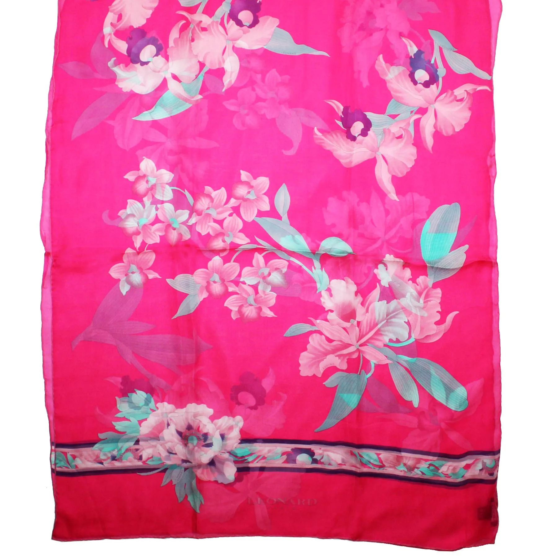 Leonard Paris Scarf Pink Aqua Floral Design - Chiffon Silk Shawl