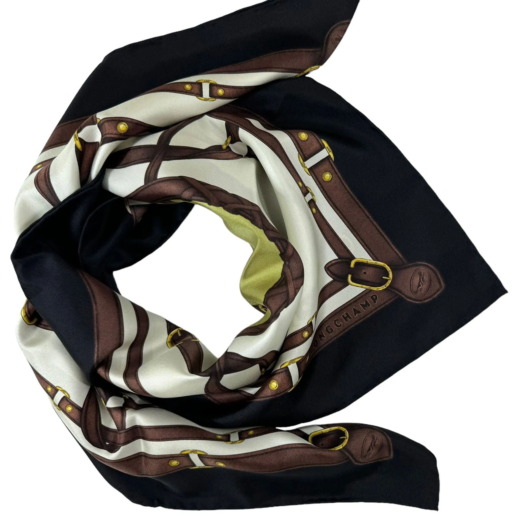 Longchamp Paris Scarf Black Brown Olive Equestrian Design - Silk Square Foulard SALE