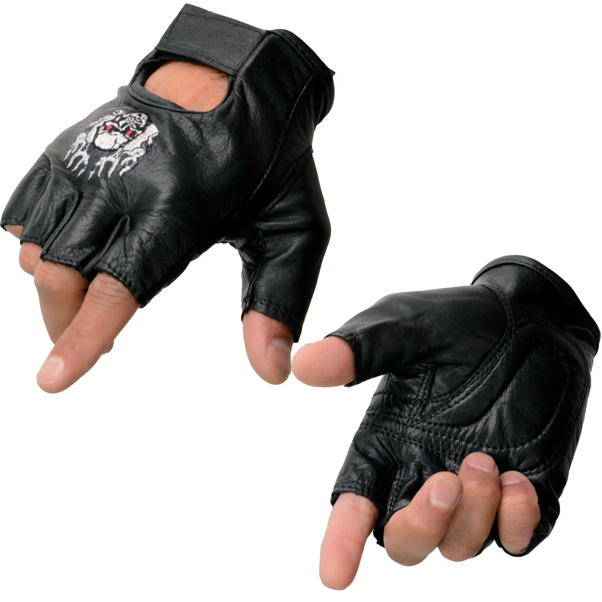 Milwaukee Leather SH351 Men's 'Flaming Skull' Black Leather Fingerless Gloves