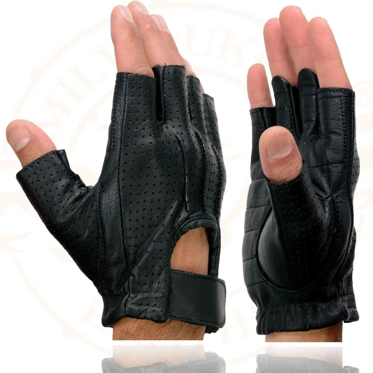 Milwaukee Leather SH357 Men's Black Leather Gel Padded Palm Fingerless Motorcycle Hand Gloves W/ ‘Welted Perforated Leather’