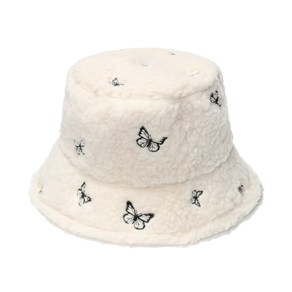 NEWBLOM Faux Fur Butterfly Embroidery Fisherman Hat