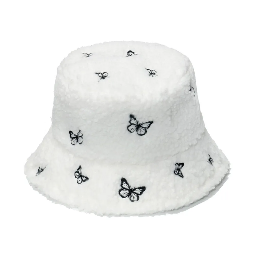 NEWBLOM Faux Fur Butterfly Embroidery Fisherman Hat