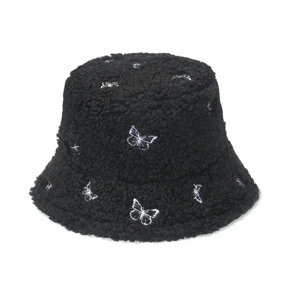 NEWBLOM Faux Fur Butterfly Embroidery Fisherman Hat