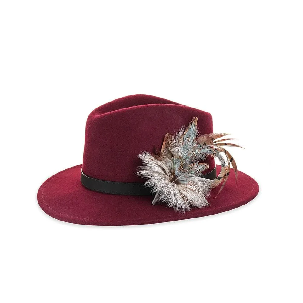 Wine Fedora with Blue Pheasant and Mallard Pin